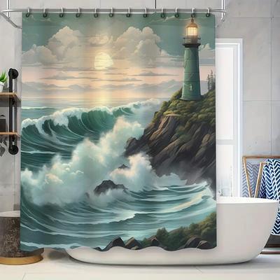 Seaside Lighthouse Stormy Ocean Shower Curtain Wall Art Decor for Bathroom Extra Wide Waterproof Fabric Printed Home Decor