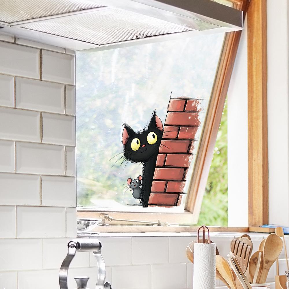 Cărămizi Roșii Creative Pisică Neagră Mică Pândind Frigider Decor de Fundal pentru Casă Autocolante de Perete