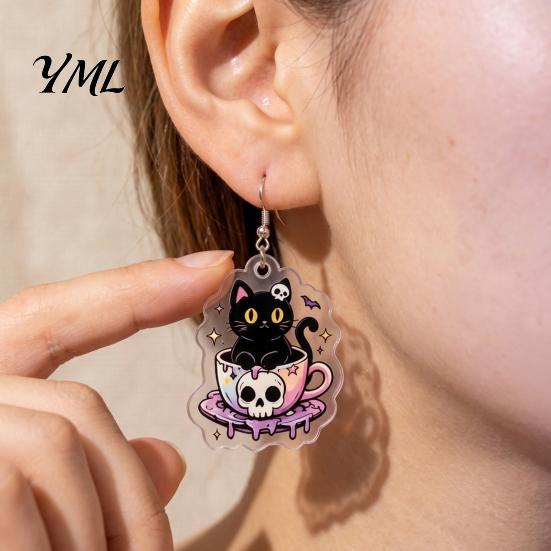 Lightweight Daily Wear Earrings 1 Pair Halloween for Women, 2D Acrylic Teacup Black Cat Women Dangle Drop Earrings, Gothic Cartoon Jewelry Party,
