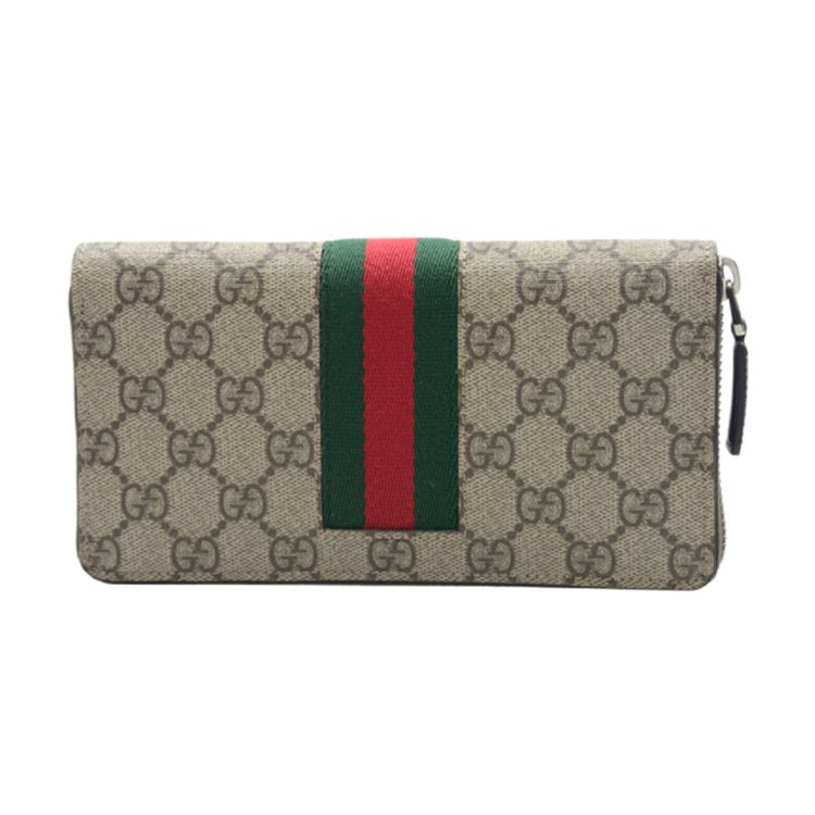 Gucci Vintage Logo Stripe Web Long Zipper Canvas And Leather Wallet Men Wallet Light-Brown 408831-KHN4N-9791