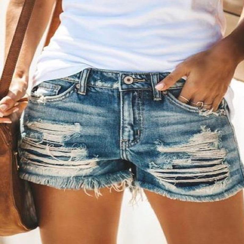 Women's New High-waisted Fringed Ripped Denim Shorts