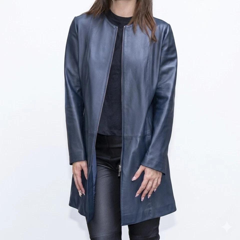 Gabardina Auténtica Hecha a Mano de Piel de Cordero Genuina Elegante para Mujer Azul Marino