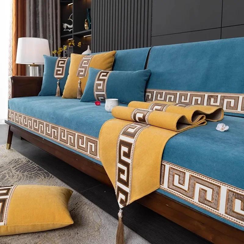 Chinese Style Chenille Sofa Cover Four Seasonal Universal Solid Wood Sofa Seat Cushion Joyful Anti Slip Red Chair Cushion Cover