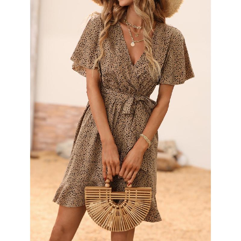 2026 Summer New Women's Fashion Printed Dress with Spotted Ruffles and Tie-Waist Design