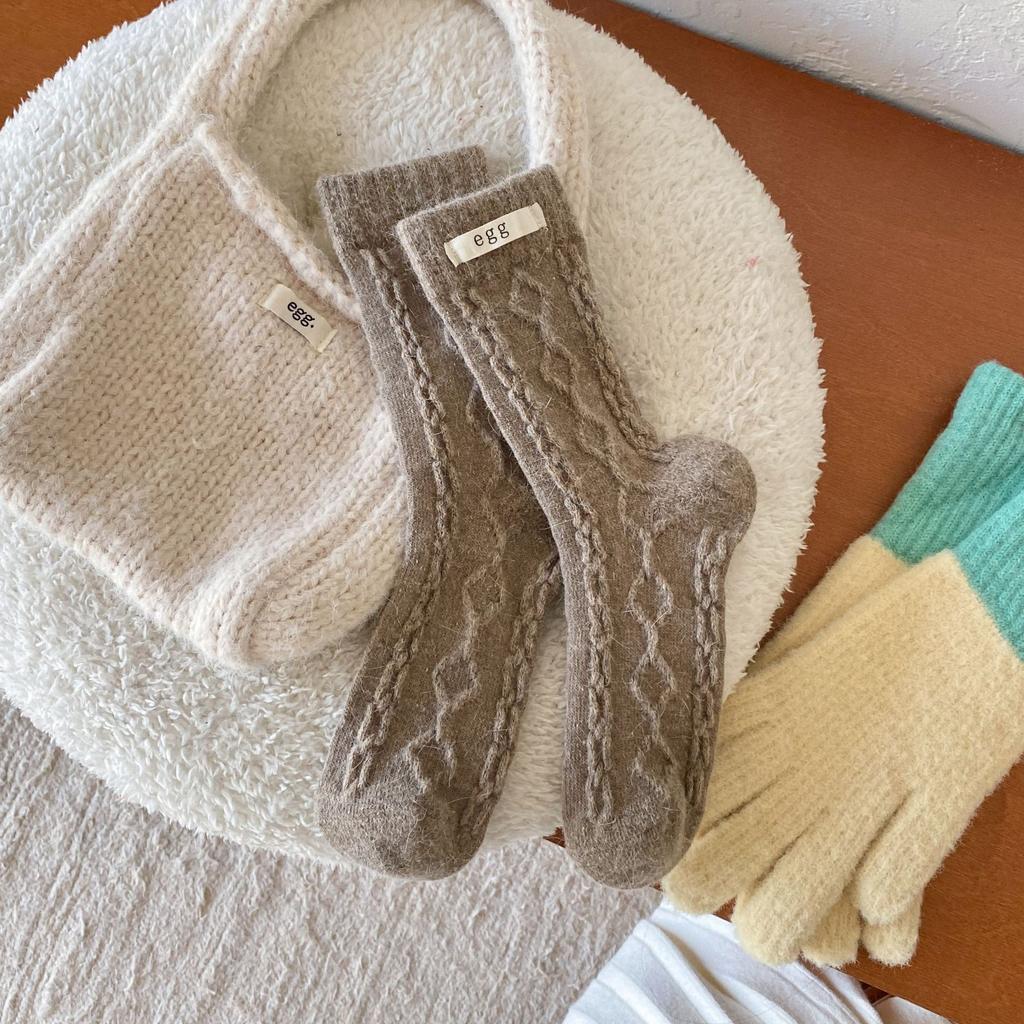 Rabbit Wool Egg Cloth Label Socks Female Korean Rhombus Dark Pattern Warm Twist Middle Tube Dongmen Stacking Socks