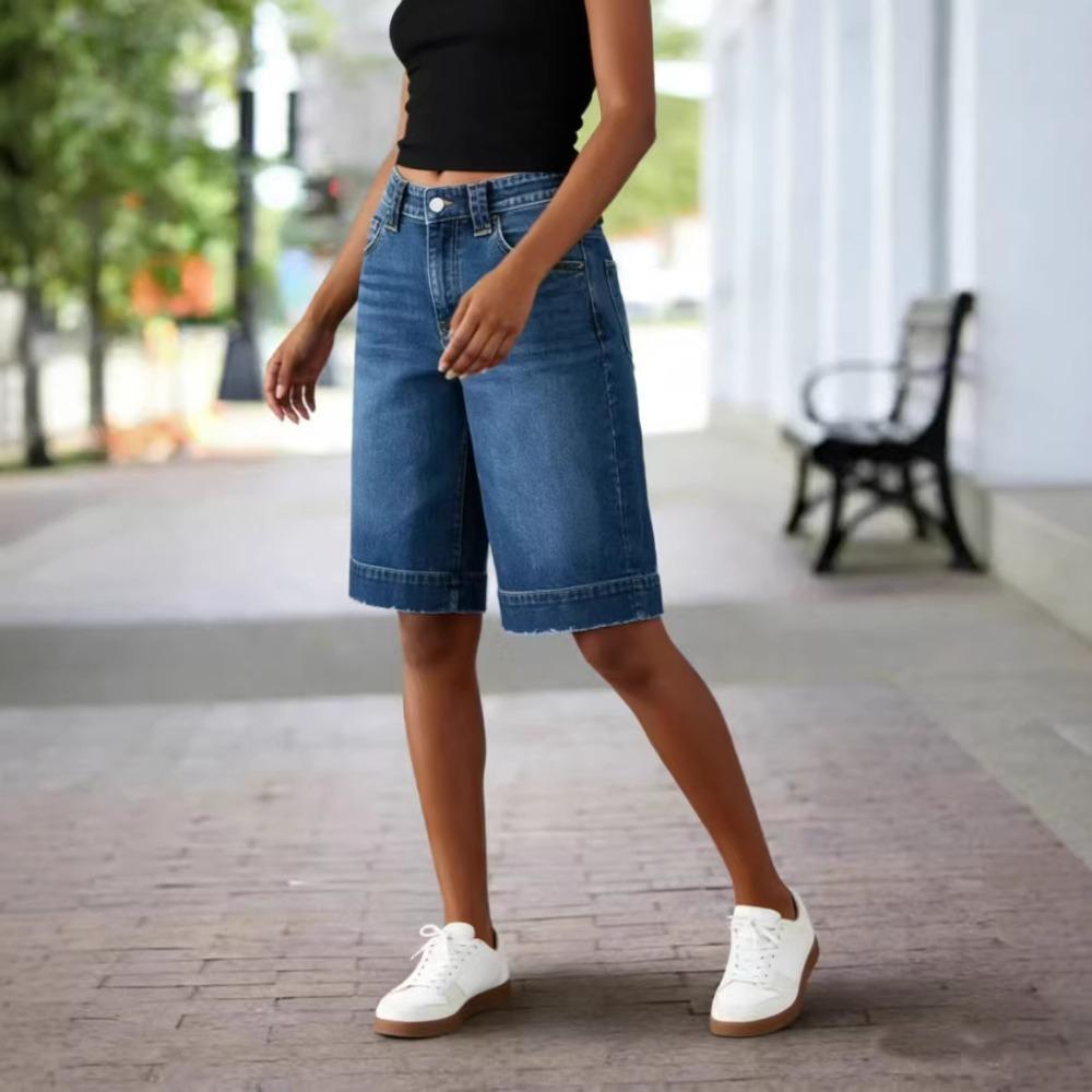 Women's High Waist Wide Leg Denim Shorts Loose Fit Casual Bermuda Shorts For Daily Streetwear