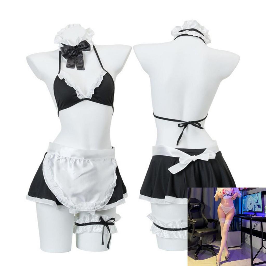 Night Listen Lingerie: Sexy See-Through Maid Role Play Set with Open Crotch, 3-Piece Women's Temptation Uniform