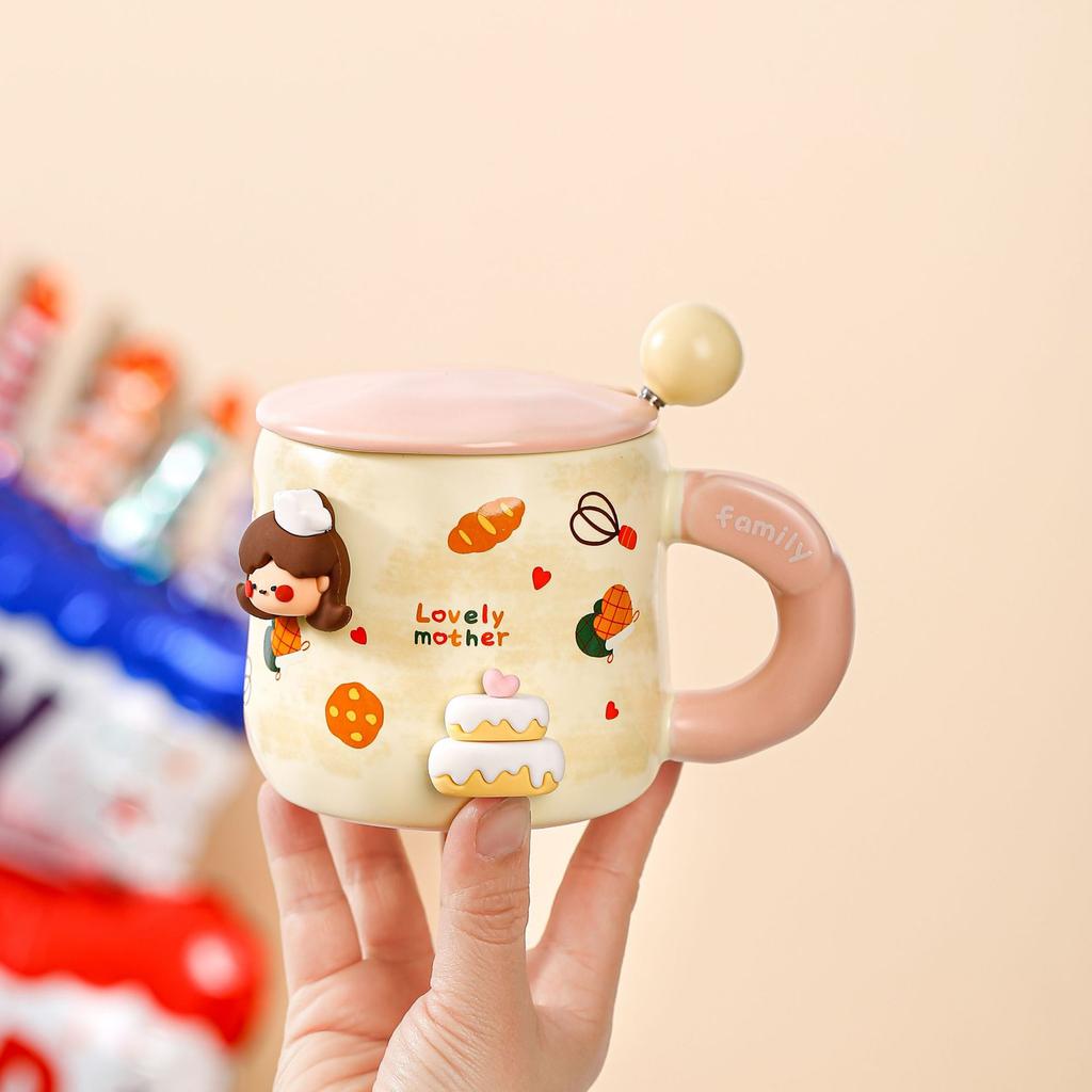 Creative Cartoon Ceramic Cup with Lid and Spoon Family Mug Ins Fengshui Cup for Girls Large Capacity