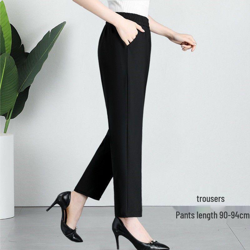 Women's Ice Silk Quick-Dry High Waist Cropped Trousers - Summer Lightweight, Elastic, Breathable Loose Fit for Middle-Aged & Elderly.