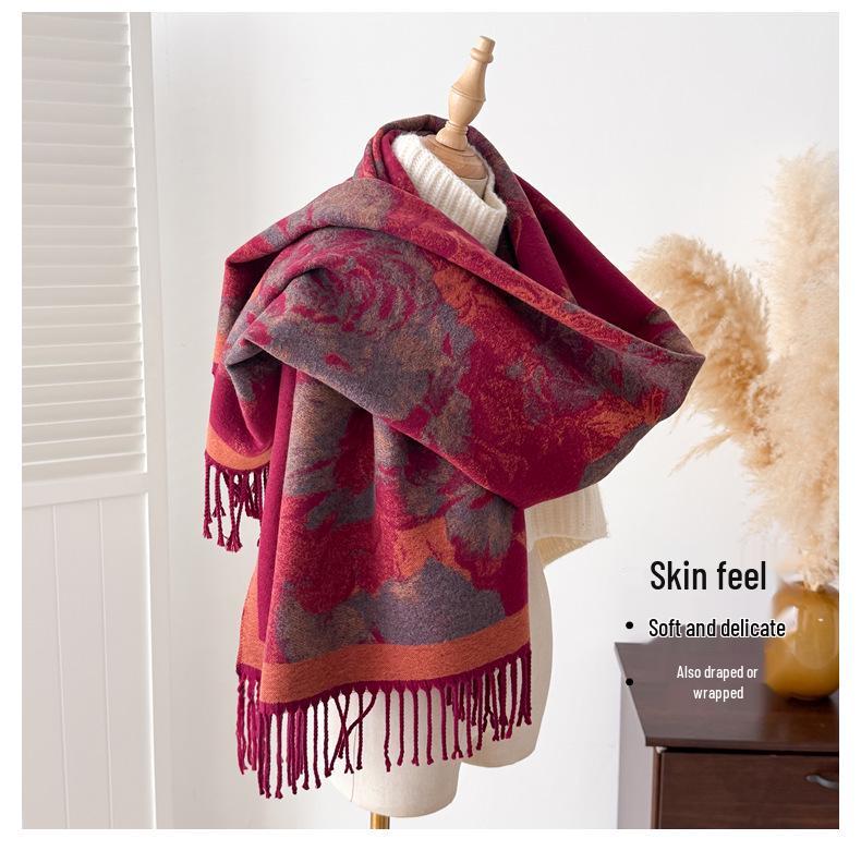Elegant Ethnic Style Double-Sided Scarf – Women's Soft, Thick, Warm Shawl for Autumn & Winter