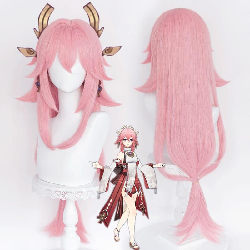 Genshin Impact Yae Guuji Cosplay 85cm Wig Pink Wig Cosplay Anime Cosplay Wigs Heat Resistant Synthetic Hair Wigs + Wig Cap