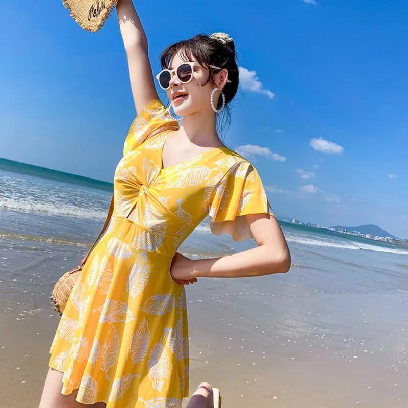 

Купальник женский, маленькая свежая и тонкая юбка, цельный купальник, милый и милый пляжный женский цельный купальник S жёлтый