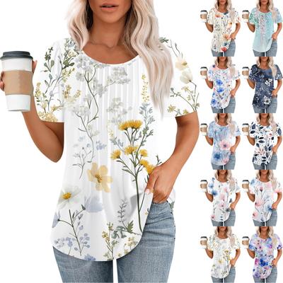 Modisches, lässiges T-Shirt für Damen mit Rundhalsausschnitt, Streifen und Blumenmuster, kurzärmelig