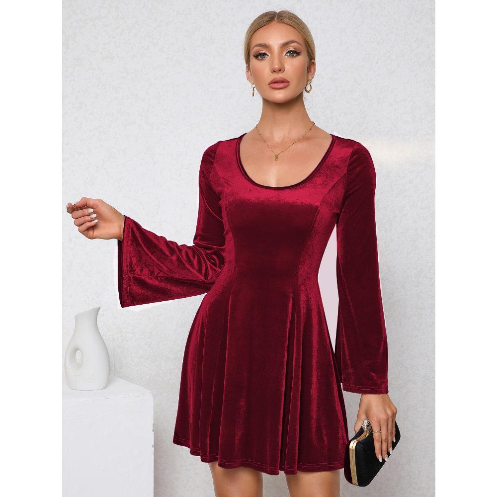 

New Autumn Winter Velvet Dress, Women s U-Neck Flare Sleeve Party Dress with Waist Tie & Flared Skirt, Sexy Elegant Short Velvet Gown XL червоний