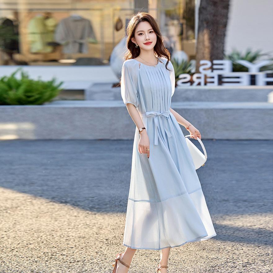 Blue Beautiful Dress Women's Summer New Design Temperament Medium and Long Popular Thin Skirt