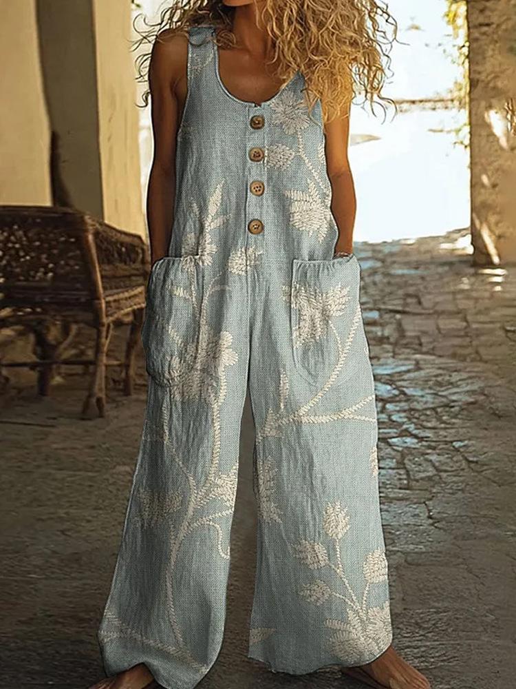 Damen Ärmelloser Jumpsuit mit Blumenmuster, Knopfleiste vorne und Seitentaschen