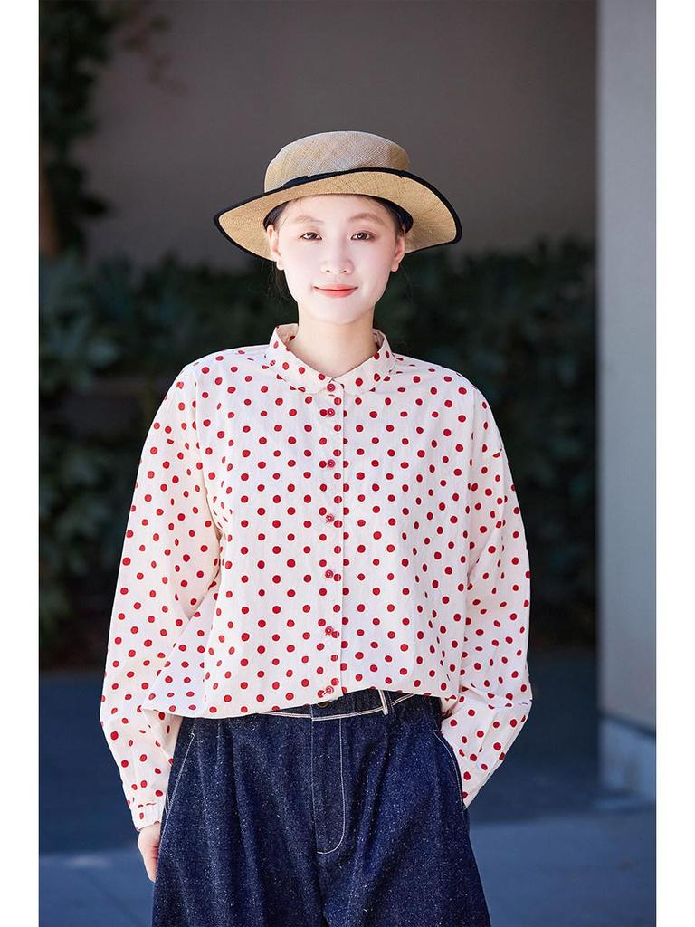 Spring Retro Beige & Red Polka Dot Cotton Casual Loose Shirt