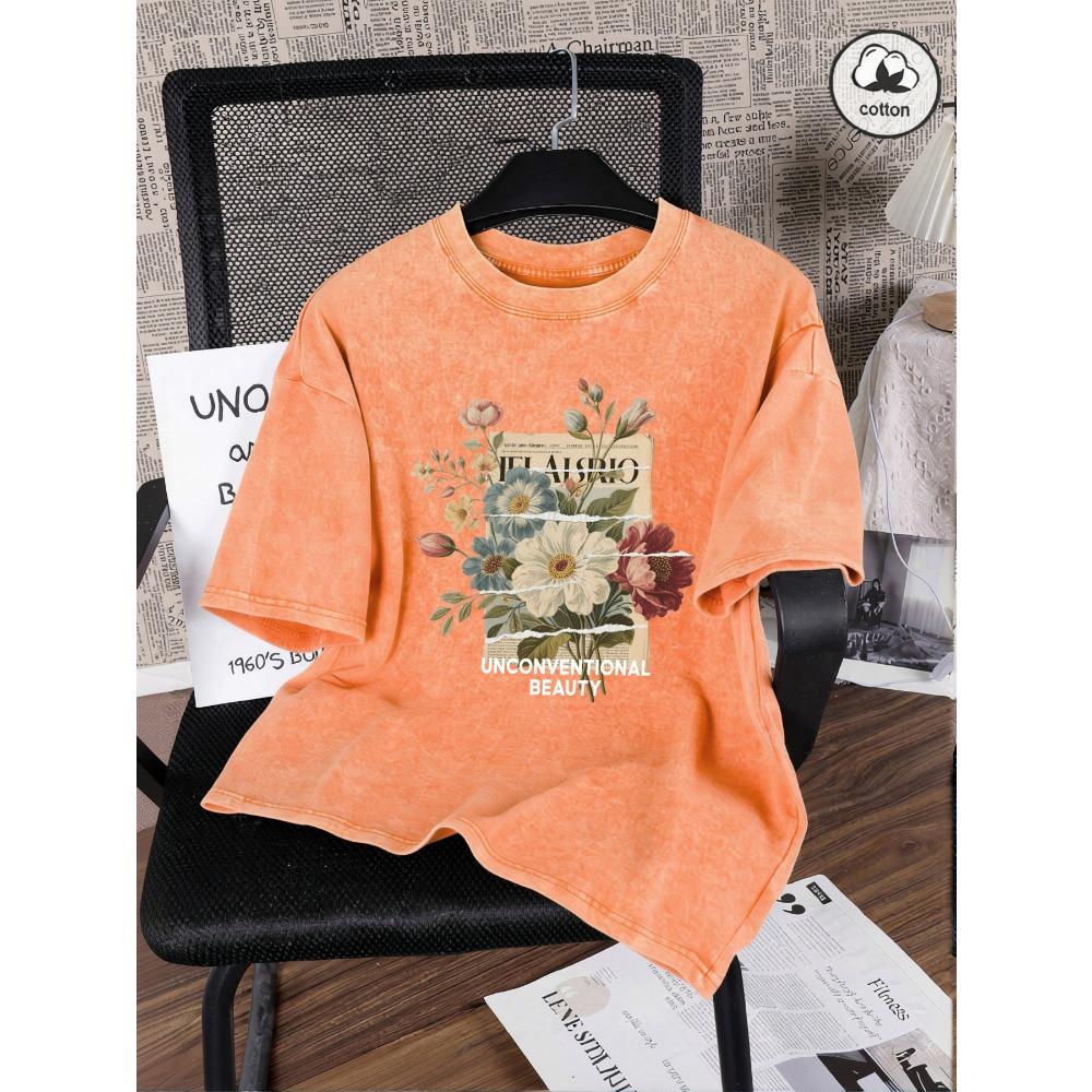 Unkonventionelle Schönheit Blumenprint Gewaschene T-Shirts Baumwolle All-Match Damen T-Shirt Y2K Lockere Kleidung Sport Kurzarm