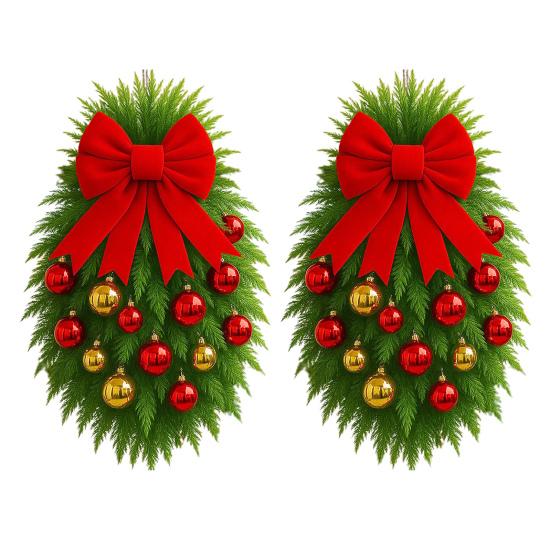 1/2Pcs Christmas Teardrop Swag Wreath with Norfolk Pine Greenery Stairway Swag Red Bow Balls Winter Xmas Hanging Garland Decoration