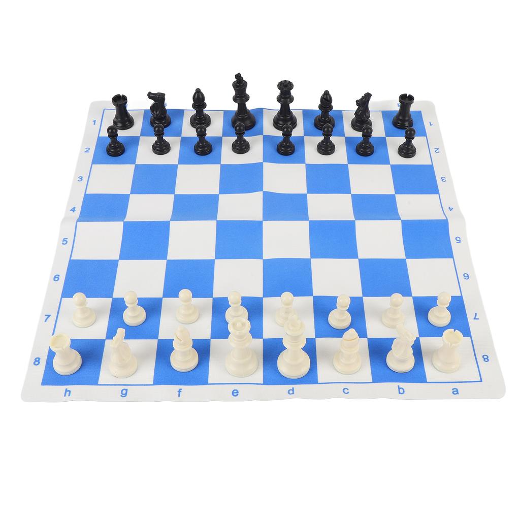 Schachset 42cm Blau und Weiß Aufrollbares PU-Schachbrett 75mm Schachfiguren aus Kunststoff mit Filzunterlage