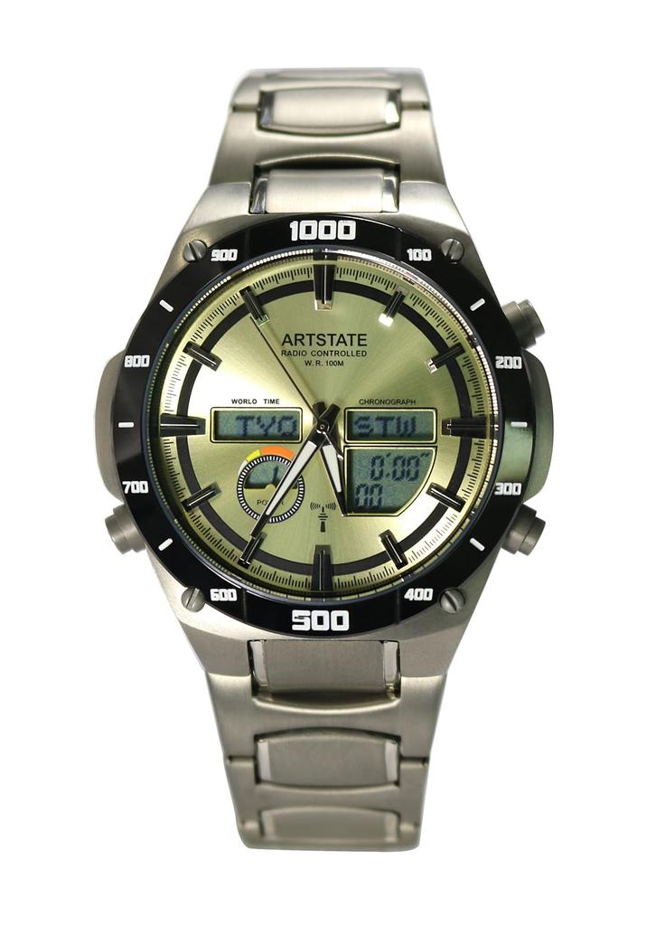 [ARTSTATE AS1771D] Funkuhr für Herren, Datums- und Wochentagsanzeige, Titan-Gehäuse und Armband, Lange Lebensdauer, 100M Wasserdichtigkeit