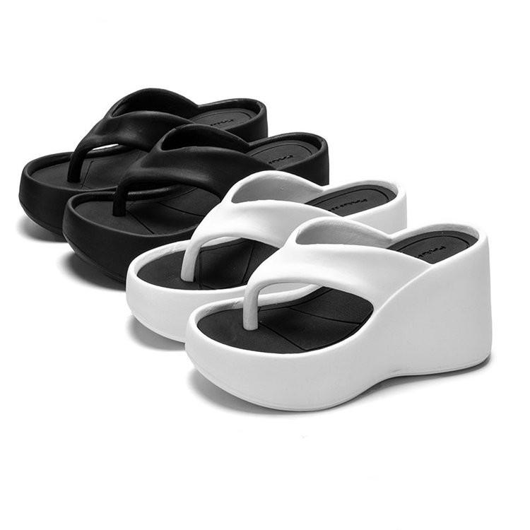 2024 New Summer High Platform Slippers Women Leather Black White Flops Thick Sole Casual Slides Female Beach Flip Flops