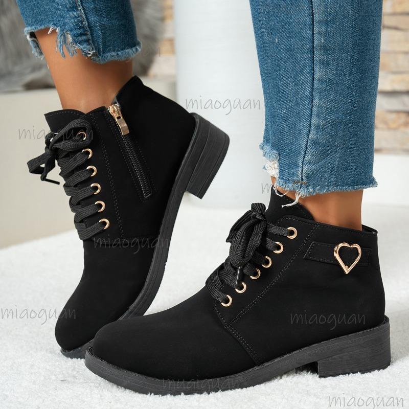 Chunky Mid Heeled Women's Autumn Winter PU Short Boots British Style Side Zip Casual Lace Up Shoes Round Toe Ankle Boots Size35