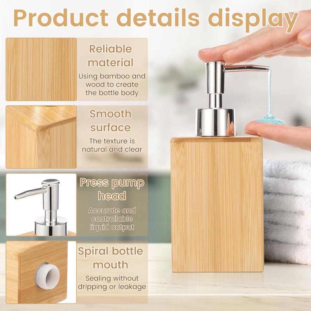 2Pcs Bamboo Soap Dispenser Refillable Pump Bottles Lotion Shampoo Liquid Hand Sanitizer Dispenser for Bathroom Kitchen