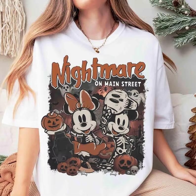 Halloween Theme Mickey and Minnie Comfortable T-shirt Pattern Short Sleeve Oversize Y2k Harajuku Hip Hop Streetwear Female Male Clothing