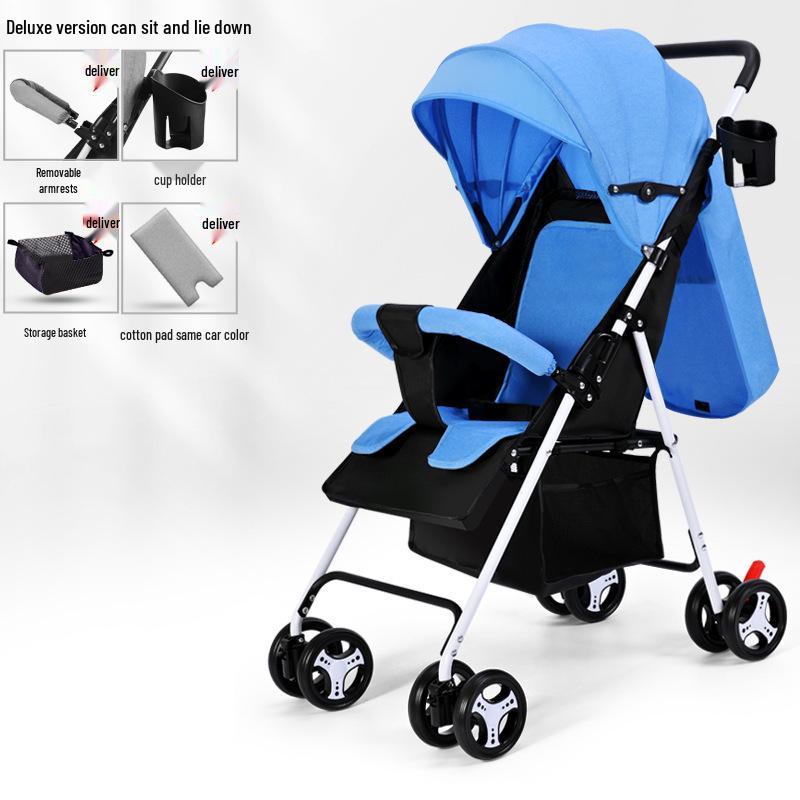 Lightweight Foldable Baby Stroller, Four-Wheeled, Convertible for Sitting or Lying, One-Button Fold Portable Design