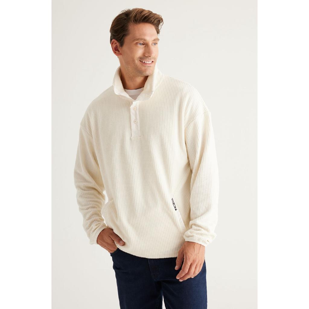 Men's Ecru Loose Fit Stand-up Collar Jacquard Soft Touch Fleece Sweatshirt
