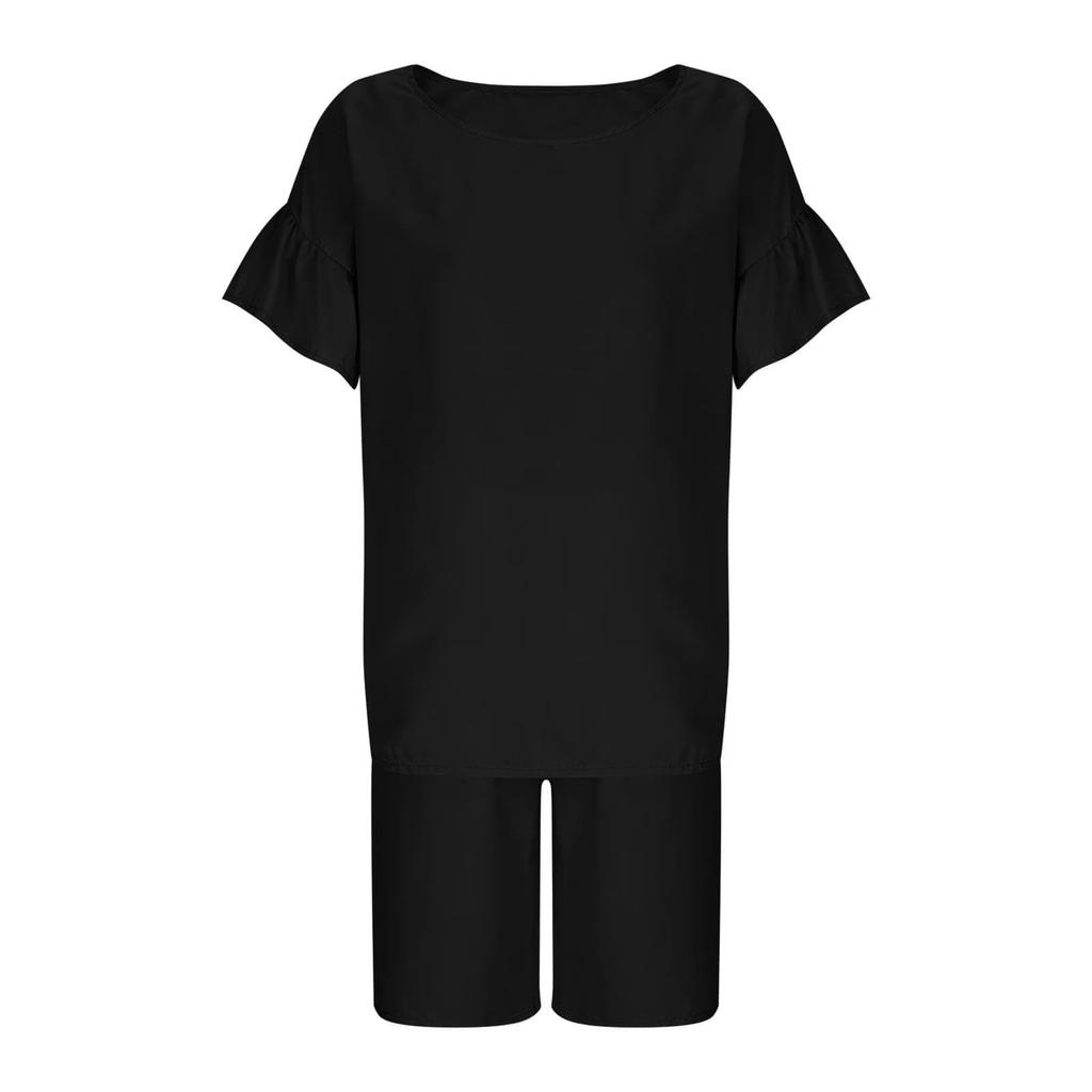 Girls Plain Color Casual Fashion Two-Piece Set Short Sleeve Top And Shorts