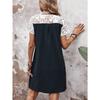 Damen Freizeit Lockeres Kleid Frühling Sommer Kurzärmelig O-Ausschnitt Color Block Spitze Einsätze Design mit Seitentaschen Kleider