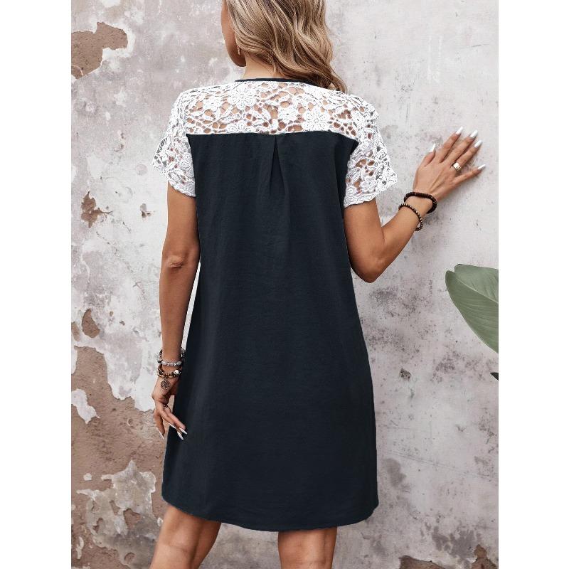 Damen Freizeit Lockeres Kleid Frühling Sommer Kurzärmelig O-Ausschnitt Color Block Spitze Einsätze Design mit Seitentaschen Kleider