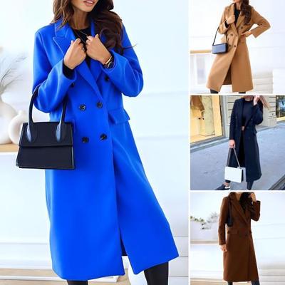 Damen Langer Wollmischmantel Zweireihiger Trenchcoat Lässig Revers Peacoat Herbst Winter Übermantel