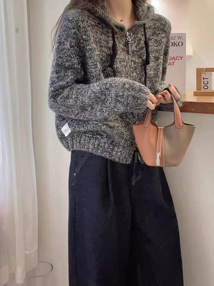 Women's Pure Wool Double-Zip Knit Hoodie - Soft, Fluffy, Loose Fit Cardigan for Autumn/Winter.