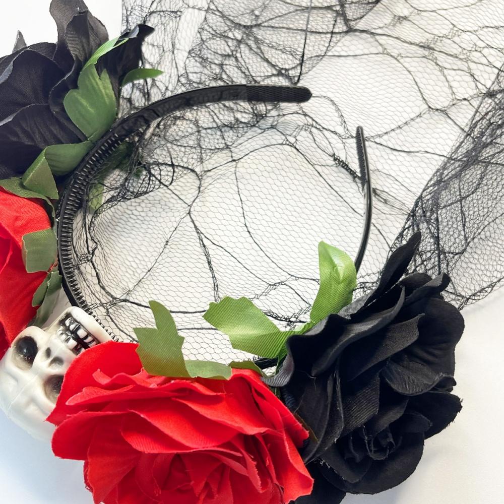 Halloween Black Veil Floral Hair Band Day Of The Dead Skull Rose Flower Headband Crown Cosplay Costume Headpiece Party Headwear