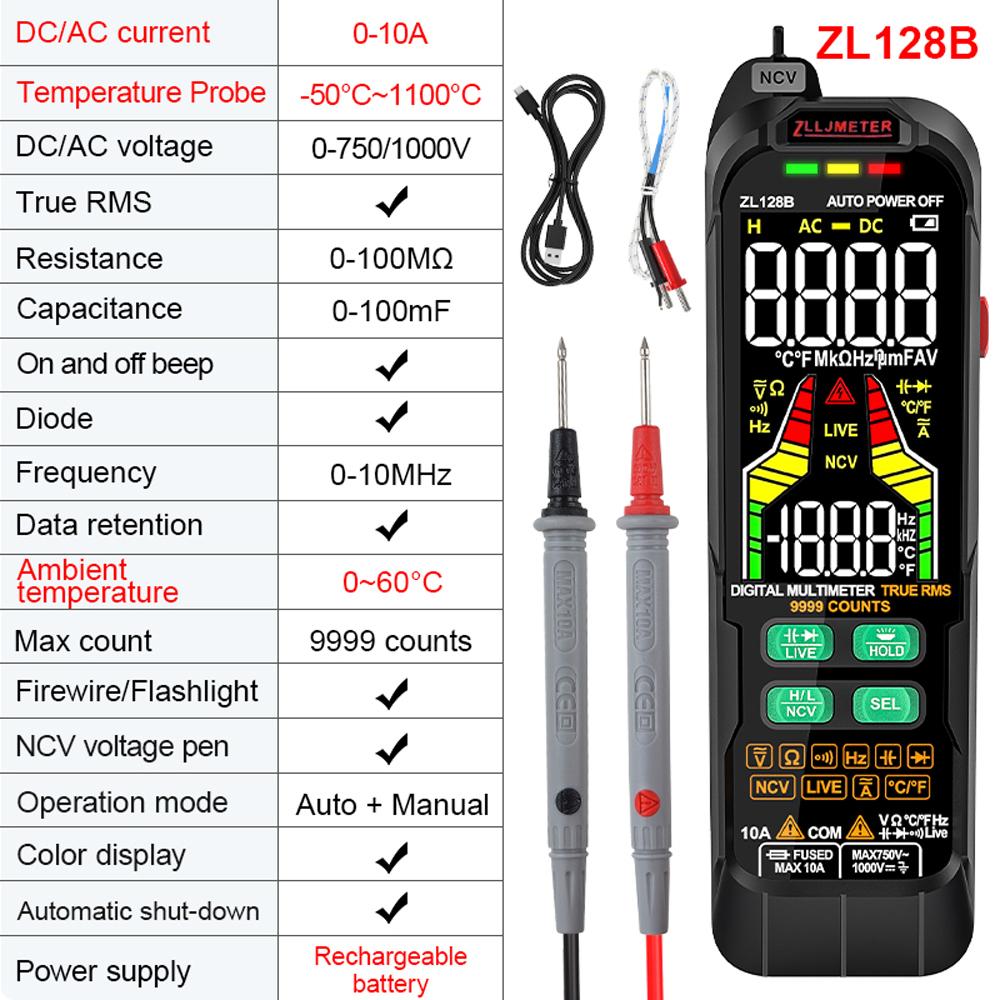 ZL128B Digital Multimeter Alternating Current Direct Current Voltage Multimetro True RMS Capacitance Temp Detector Multitester
