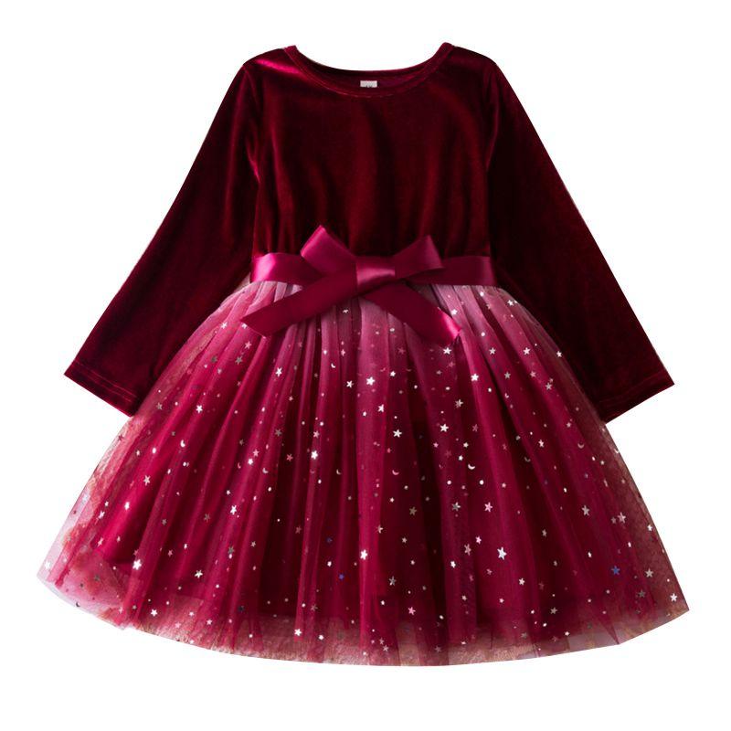 

Детское платье для девочек 3-7 лет в стиле «Звездное небо», сетчатая юбка, платье с длинным рукавом и бантом 5Y