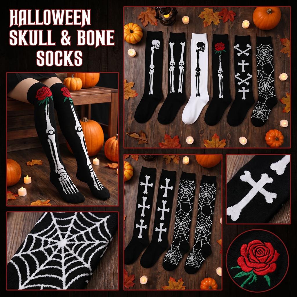 Černé punčochy nad kolena s halloweenským potiskem pro ženy - Gotické podkolenky pro kostýmy
