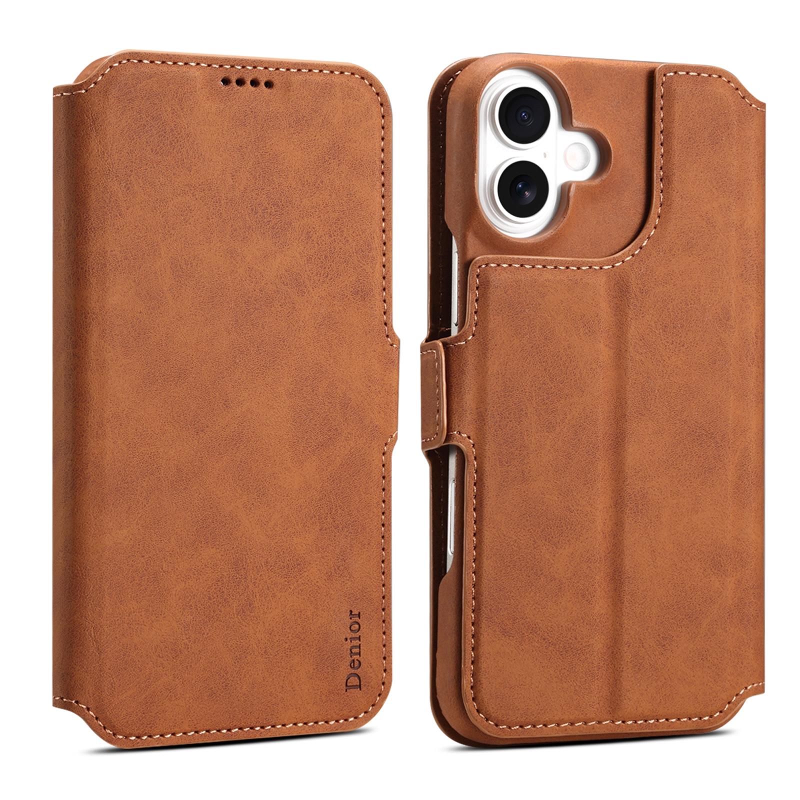 

DENIOR B07 For iPhone 16 Case Leather+PC Magnetic Detachable Wallet Phone Cover Brown