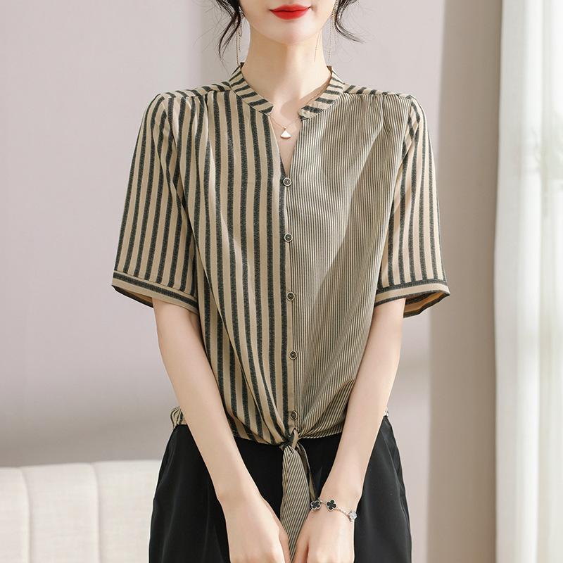 Mom s Stylish Striped Short-Sleeve Loose Summer Shirt for Women 2026 3XL