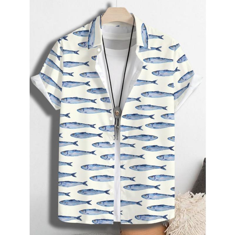 Herren Vintage Hemd mit Fischprint - Kurzarm