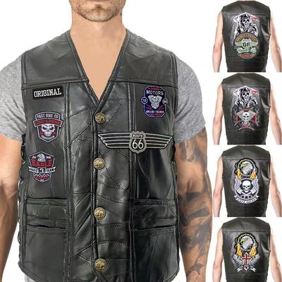 New Genuine Leather Motorcycle Vest Men's Sheepskin Vest Cycling Vest Four Season Vest Embroidered Badge Leather Jacket