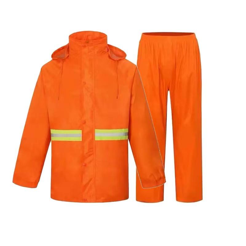Men's Orange Raincoat & Pants Set with Reflective Strips for Construction and Cleaning