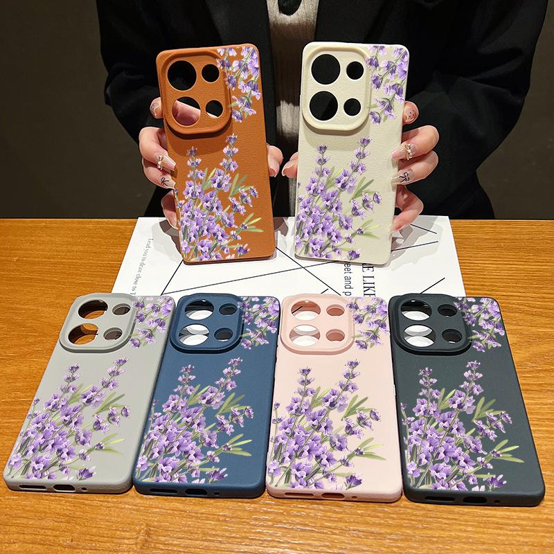 Purple Floral Pattern Leather Texture TPU Matte Case For Xiaomi 13T Pro Poco X7 X6 M6 Redmi 13C Note 14 Pro 13 12 11 Slim Shockproof Soft Phone Cover