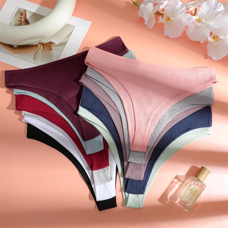 FINETOO 4Pcs Cotton Ribbed Underwear Women's Sexy Low-Waist Breathable Thongs Girls Sports Panties Stretchy T Back Soft Lingerie