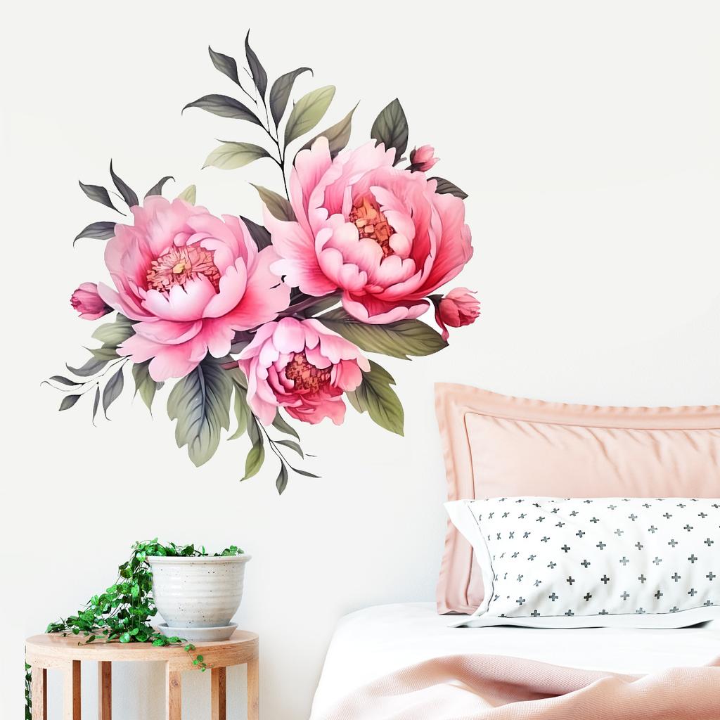 Peony Floral Wall Stickers, Self-Adhesive Decor for Bedroom Background Wall Decoration