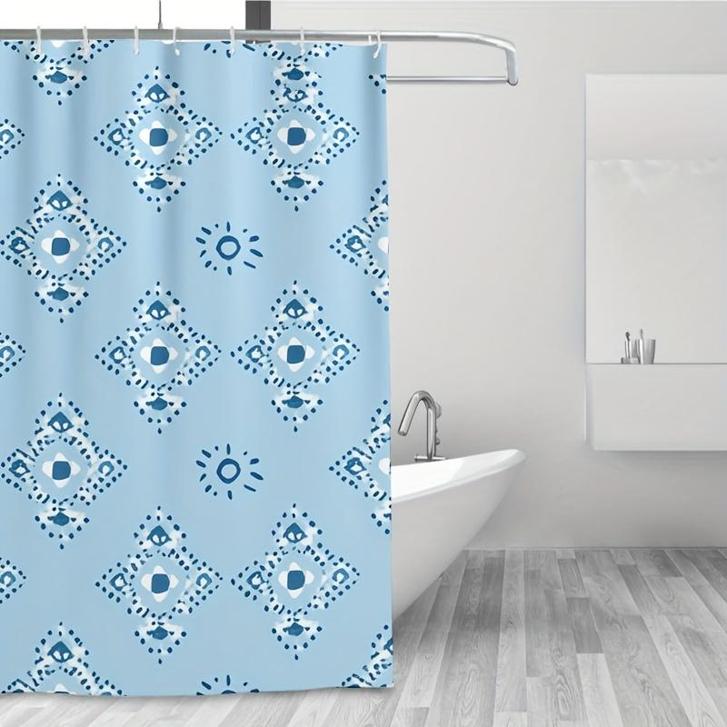 1pc Retro Blue Ethnic Pattern Shower Curtain,Durable Polyester, Easy Clean,Plastic Hooks, Geometric Design for Bath/Window Decor