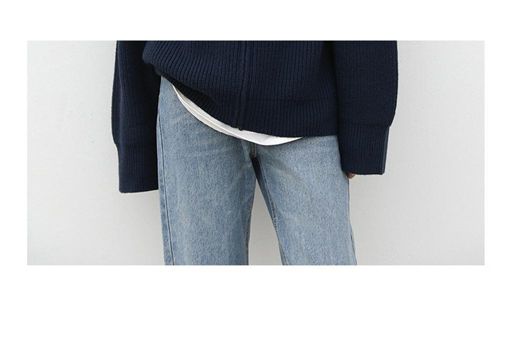 Unisex Navy Blue Jacket-Style Knit Cardigan - Japanese Niche, Autumn/Winter, Loose Fit, Round Neck Sweater Coat